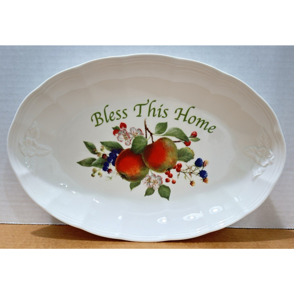 Lenox Orchard in Bloom "Bless This Home" Ceramic Serving Tray 11" x 7. 25" Apple